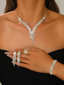 Fashionable Bridal Jewelry Set - Rhinestone Necklace, Earrings, Bracelet, Elastic Ring (Multiple Styles Available For Mix And Match) - Gold - View 17
