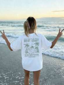 Women's New Casual Round Neck Short Sleeve-Shirt, Simple Versatile Tree Slogan Print, Suitable Daily Wear. Women's Vacation Style Printed-ShirtSports Short Sleeves - Trắng 2 - Xem 12