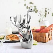 1 Set Swan Constellation Design 6/12pcs Stainless Steel Fruit Spoons, Dessert Spoons, Coffee Spoons With Swan Shaped Storage Base, Suitable For Kitchen, Hotel, Cafe, Holiday Gifts