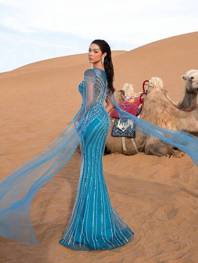 Faeriesty Women's Elegant Sparkly Beaded Mermaid Maxi Evening Gown With Illusion Sheer Neckline, Wing Sleeve Detailing, Geometric Beaded Embroidery, And Form-Fitting Trumpet Silhouette For Red Carpet Galas, Formal Weddings, Evening Balls, Luxury Events