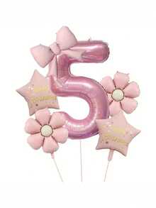 6pcs/Set Pink Number & Bow Tie Party Balloons, With Daisy, "Happy Birthday" And Star Foil Balloons, Suitable For Birthday Party, Celebration, Anniversary, Festival, Backdrop, Outdoor Party Decor, Photo Prop, Baby Shower - Multicolor - View 9