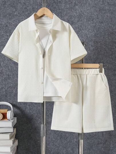 Boys' Casual Lightweight Textured Short Sleeve Shirt And Shorts Set, Spring/Summer