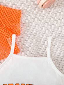 2pcs/Set Toddler Girls' Fashion Fishnet Cropped Hollow Top & Letter Print Snug Fit Slip Dress Set, Summer - Coral Orange - View 7