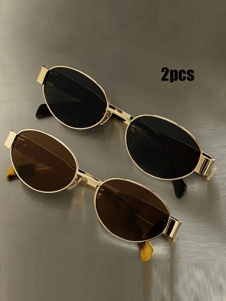 2 Pairs Retro Metal Oval Frame Glasses, Bohemian Contrast Color Design, Suitable For Summer Beach, Outdoor Activities And Travel - Multicolor - View 1