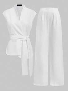 两件套优雅休闲通勤商务职场法式系带无袖背心上衣+宽松阔腿裤两件套西装，优雅女士套装，女士休闲套装，白色西装，白色裤子，白色上衣，女士夏季套装 - 白色 - 查看 7