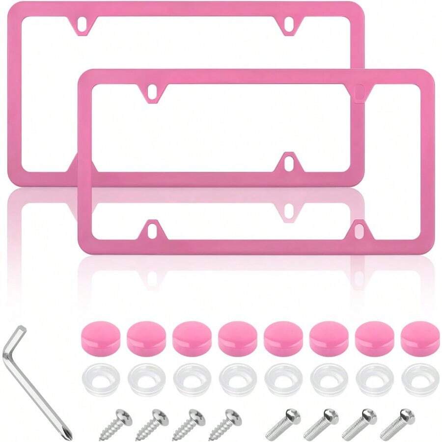 2PCS Colorful Car License Plate Frames With Gae Screws And CapsStainless Steel 4 Holes License Plate Holder Fi U.S. Standard Universal Car Accessories Car Tag Frame Pink - Pink - View 1