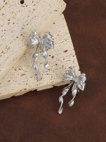 1 Pair Elegant Ribbon Bow Decor Earrings, Versatile Casual Chic Aesthetic Vibe - Silver - View 6