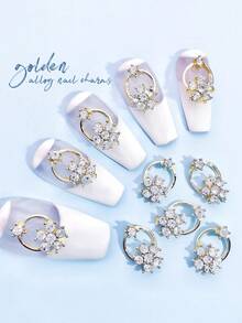 10pcs Gold & Silver Hollow Ring Shaped Rhinestone Nail Art Decorations, 3D Metal Crystal Glass Nail Jewelry DIY Accessories Suitable For Girls And Women Nails Nail Supplies - Multicolor - View 7