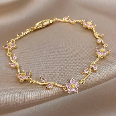 1 pieza Pulsera con cadena y flor de cerezo, chapada en oro de 18K con circonita rosa, pulsera delicada y ajustable para mujer, para uso diario, boda, citas, aniversario, regalo de cumpleaños, regalo elegante para mamá, regalo de Navidad, carnaval, boda, fiesta, accesorios para el Día de San Valentín, joyería bohemia, regalos para damas de honor
