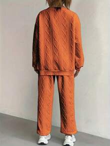 Women's Two-Piece Comfortable Knitted Sportswear (Loose Plus Orange), Loose, Long Sleeved Round Neck Top And Pocket Jogging Suit, Solid Color, New Year Set, Casual Outdoor Sportswear, Multi-Functional All Age Casual Wear | Knitted Fabric | Women's Minimalist Sportswear - 橘色 - 查看 2