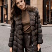 Women'S Elegant Faux Fur Coat - Mid-Length Winter Jacket With Front Closure, Flared Hem & Long Sleeves, Non-Stretchy Fabric For Formal & Everyday Outfits, Winter Jacket For Women, Winter Coat For Women, Winter Coat Women, Winter Coat Women - Dark Brown - 查看 5