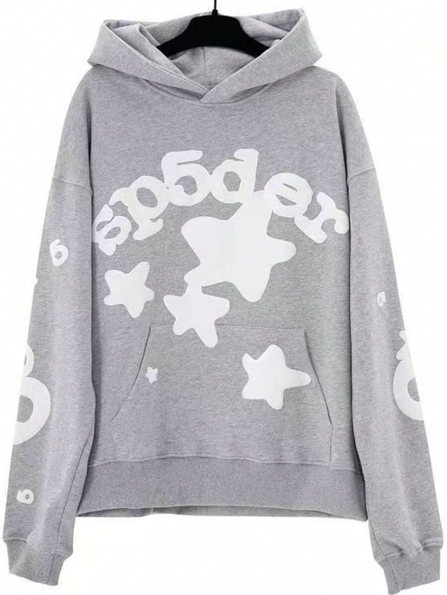 European And American Style Medium-Thick Star Print Hooded Sweatshirt, Unisex Loose Fit, A Must-Have For Y2K Streetwear Enthusiasts. Mesh Print Pullover Sweatshirt. - 灰色 - 查看 1
