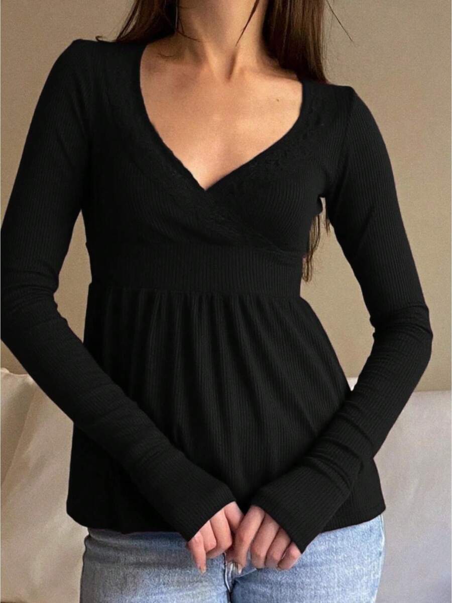 Women Long Sleeve Lace Trim Shirt Cute Wrap V Neck Slim Fit Solid Color Babydoll Top Y2k Fairy Grunge Top Streetwear - 黑色 - 查看 1