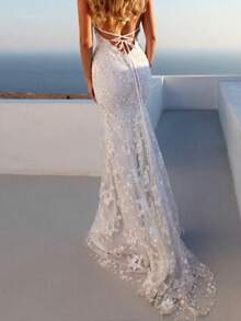 Vestidos Elegantes De Mujer,Solid Color Elegant Long Dress, Sexy V-Neck White Spaghetti Strap Dress - 白色 - 查看 2