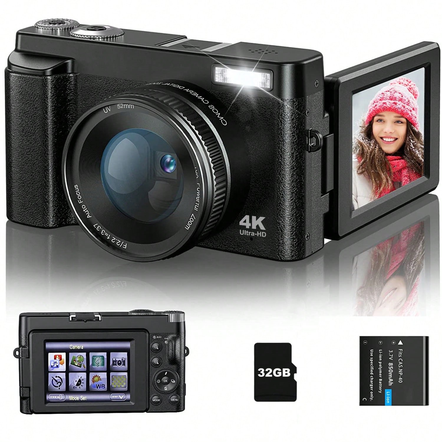 1pc Black High Definition Digital Camera For Outdoor/home Shooting With 32gb Tf Card And Uv Lens Ring