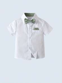 BOARNSEORL 两件套男童绅士套装 - 白色短袖衬衫配领结和绿色背带裤，适合生日派对、婚礼、节日活动等场合。 - 綠色 - 查看 5