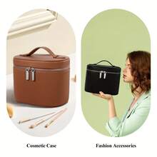 Genuine Leather Cosmetic Organizer With Zippered Compartments And Secure Lid Closure – An Elegant Brown Cosmetic Organizer, Practical Travel Makeup Bag With Handle, Suitable For Professional Daily Use And Compatible With Most Cosmetics. - 棕色 - 查看 2