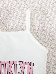 2pcs/Set Toddler Girls' Fashion Fishnet Cropped Hollow Top & Letter Print Snug Fit Slip Dress Set, Summer - Pink - View 9