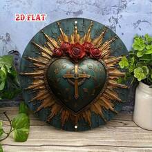 Religious Sacred Heart Round Aluminum Sign - 7.87" Rustic Roses Cross Decor, Home Cafe Wall Art - TYA20767-20x20 cm - 查看 3