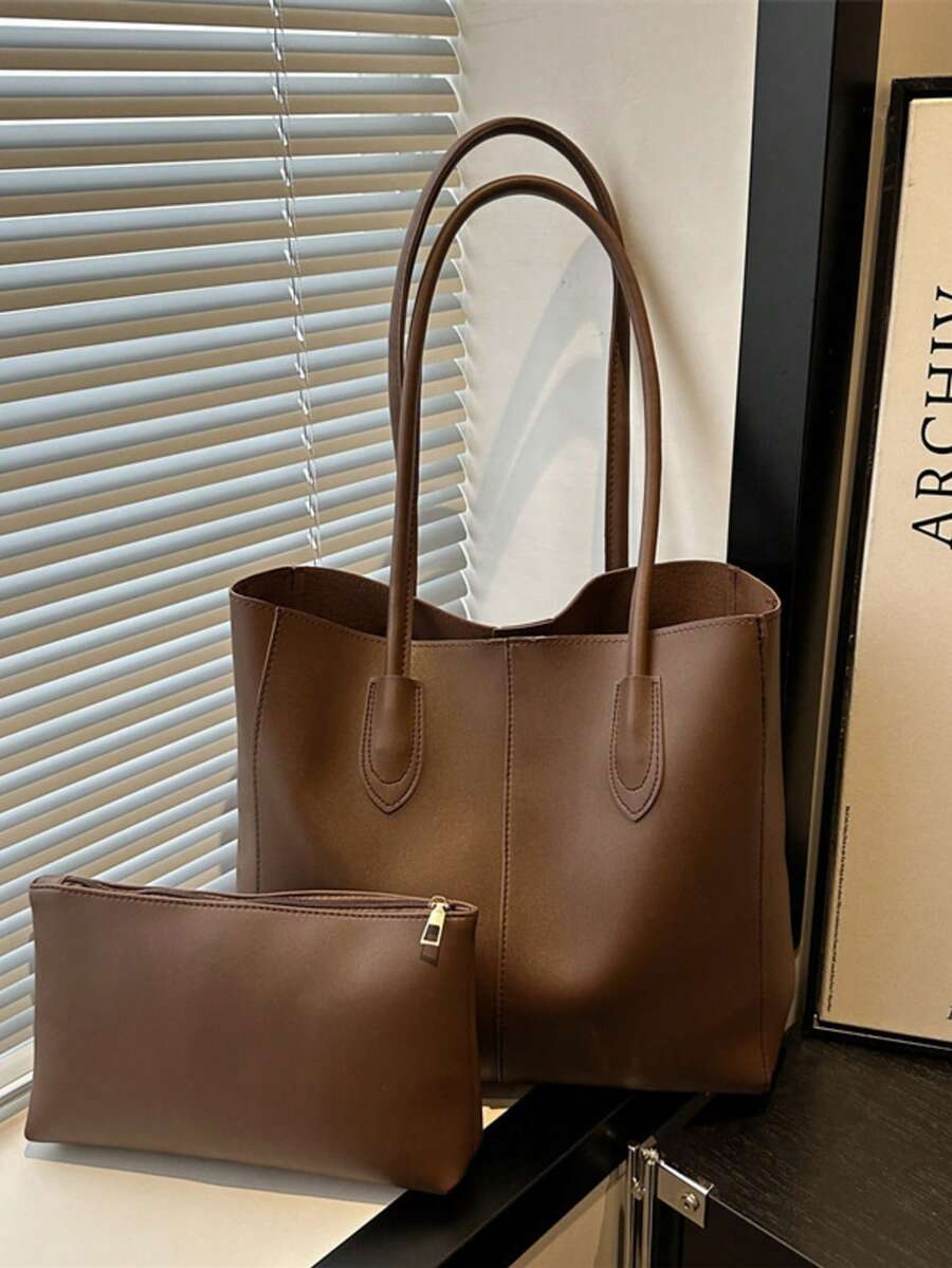 Conjunto de Bolsa Tote Vintage Retalhos de Outono 2025 - Conjunto com 2 Peças, Bolsa Mãe e Mini Bolsa, Bolsa de Ombro Casual de Grande Capacidade para Mulheres. Design Multifuncional, Adequado para Uso Diário, Escola, Transporte e Viagem, Tecido Leve e Durável com Interior Espaçoso, Perfeito para Armazenamento de Itens Essenciais. Estilo Casual Retrô, Alça de Ombro Ajustável, Confortável de Usar, Acessório da Moda, Escolha Ideal para Campus, Escritório e Passeios de Fim de Semana, Bolsa Essencial para Mulheres Modernas. - Café - Visão 1