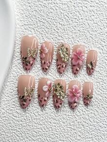 Bộ 10 miếng dán móng tay họa tiết da báo hồng, móng giả hình quan tài, móng giả hình hạnh nhân, móng giả hình vịt, miếng dán móng kiểu Pháp, hình bướm vàng, hoa tím nhạt, hoa đất sét hồng, sơn móng tay hồng, kèm bộ dụng cụ (1 miếng dán gel + 1 dũa móng), lý tưởng cho phụ nữ sử dụng trong các bữa tiệc, ngày lễ, mùa thu/đông, đi chơi, hẹn hò và các dịp khác. Móng giả dán thủ công. - Nhiều màu - Xem 3