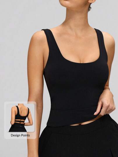 MASKERT Regata esportiva feminina sem mangas com decote quadrado, design vazado cruzado nas costas, modelagem curta e ajustada, confortável e agradável ao toque, ideal para ioga e atividades físicas.