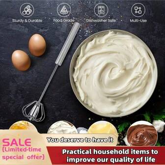 Batidor de huevos de acero inoxidable, espumador de leche, batidor de huevos rotativo semiautomático con mango de madera de haya, mezclador manual, mezclador semiautomático duradero, fácil de mezclar y batir para hornear en la cocina
