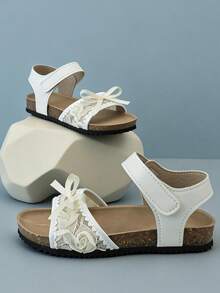 1 Pair White Lace Flower Bow Girls Sandals, Lace + Faux Leather Material, Non-Slip Flat Crossed Straps + Ankle Strap, Sweet Princess Style Summer, Popular Net Red Item, High Praise Rate, Fashion Design Soft Bottom, Comfortable Children Sandals, Holiday Gift - 白色 - 查看 1