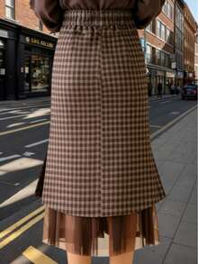 Elegant Women's Split Maxi Skirt, Plaid High Waist A-Line Mid-Length Skirt, Suitable For Spring, Autumn And Winter - Brown - View 2