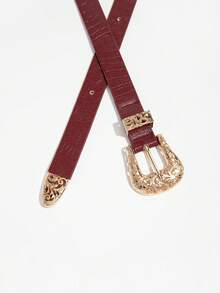 1pc Women's Luxury Vintage Metal Angel Rhinestone Heart Buckle Floral Printed Waist Belt, Versatile Fashion Accessory For Daily Wear - 酒紅色鏤空扣 - 查看 3