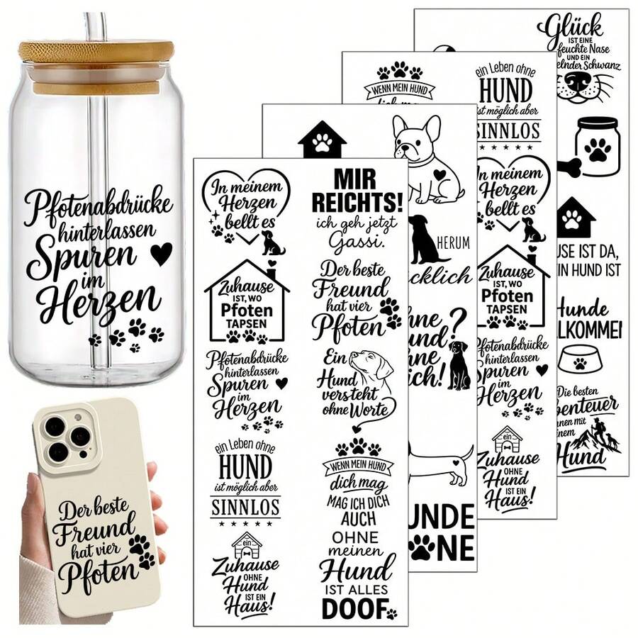 4pcs German Dog Pets Quote Saying Themed UV Transfer Stickers | Self-Adhesive Plastic Decals For Crafts, Mugs, Laptops & Water Bottles, Festive Designs, High-Quality Prints,
