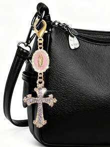 1pc Christian Charm Keychain, Decorated With Religious Cross, Pearl And Diamond Charms - Cross Keychain, Bag Charm, Cross Pendant, Decorative Wallet Backpack Accessory, Earphone Case Accessory, Keyring With Clasp For Luggage And Car - Single Jewelry Piece, Inlaid With Pearl, Diamond And Romantic Elements