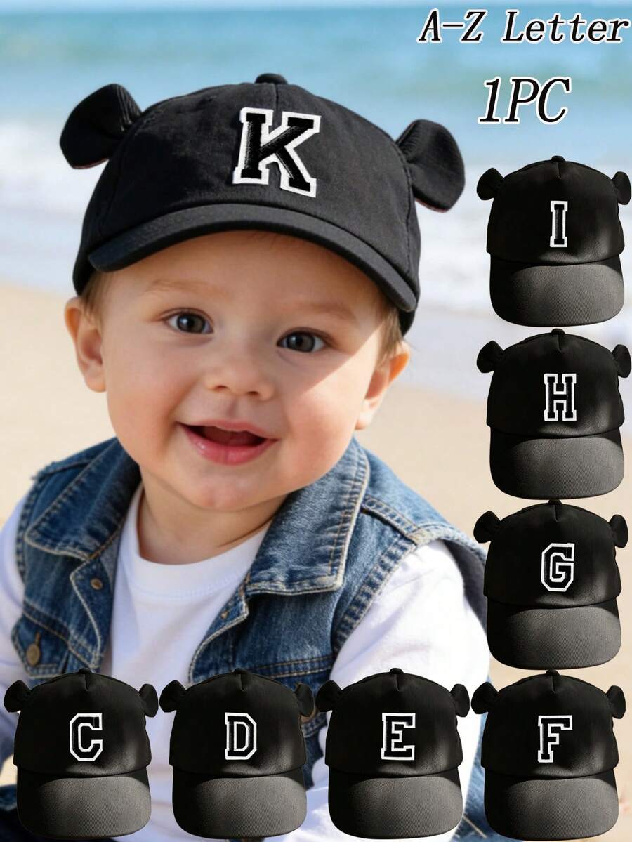 1pc A-Z Letter Printed Adjustable Baseball Cap For Baby Boys, Kids Sun Hat, Unisex Casual Wear - Black - View 1