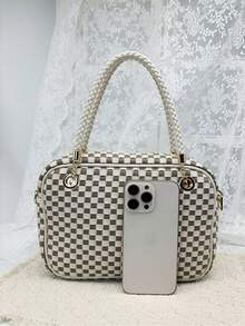 Checkered Crossbody Bag For Women Shoulder Plaid Handbags Top Handle Satchel Bag Woven Bum Bag Stylish Woven Crossbody Bag PU Leather - 灰白格子 - 查看 10