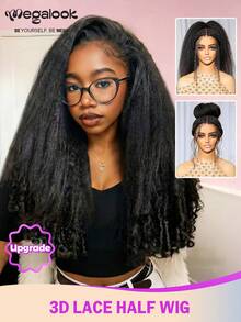 MEGALOOK All In 1 3D Lace Half Wig Yaki Finger Curly Glueless Wigs 100% Human Hair With Drawstring Breathable Dome Cap Various Styles Glueless Wig Pre-Cut Lace Pre-Bleached Knots & Pre-Plucked Hairline No Glue Needed Wig