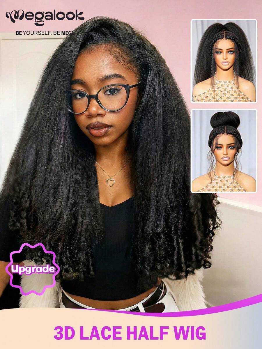 MEGALOOK All In 1 3D Lace Half Wig Yaki Finger Curly Glueless Wigs 100% Human Hair With Drawstring Breathable Dome Cap Various Styles Glueless Wig Pre-Cut Lace Pre-Bleached Knots & Pre-Plucked Hairline No Glue Needed Wig