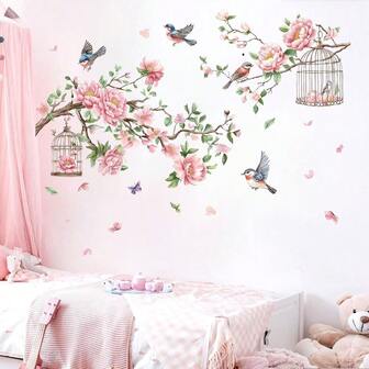 1 set roz floare de cireș ramură perete autocolante flori păsări perete decals pentru dormitor living canapea TV fundal perete decor