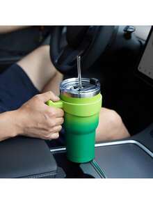 Vaso de  con asa de acero inoxidable con tapa y popote para mujer, color verde lavanda - Rosa Pálido - Ver 7