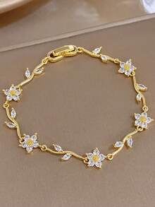 1 Pulsera Ajustable Delicada Con Cadena Y Flor De Cerezo Bañada En Oro 18K Con Circonita Rosa Estilo Bohemio Para Mujer, Ideal Para Uso Diario, Bodas, Citas, Aniversarios, Cumpleaños, Navid - 1 unidad - Edición Diamante Blanco - Ver 5