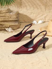 Giày sandal cao gót mũi nhọn hở gót tối giản dành cho nữ, thoải mái, chống trơn trượt, thoáng khí với khóa kim loại. - Màu Đỏ Sâu - Xem 6