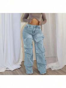 Women's Fashion Stud Denim Embellished Loose Denim Trousers - Baby Blue - View 2