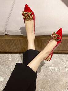2026 Spring/Summer Korean Style Flat Pointed Toe Hollow Out Versatile Soft Bottom Open Toe Slip-On Sandals, Patent Leather Strap Women - Red - View 2