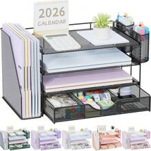 Gianotter Desk Organizers And Accessories With File Holder, 4-Tier Desk Accessories & Workspace Organizers With Drawer And 2 Pen Holder, Paper Organizer For Office Supplies (Black) - 黑色 - 查看 2