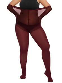 Plusstorlek damstrumpbyxor med hög midja, enfärgade, halvgenomskinliga, mjuka, enfärgade, storlekar: 1X, 2X, 3X, 4X - Bourgogne - Visa 7