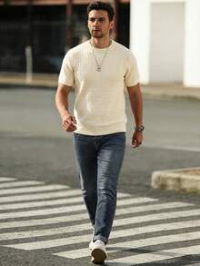 HUODA Men's Solid Color Short Sleeve Knitted Cable Textured Crew Neck Top - Apricot - View 5