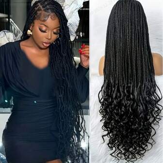 女士蕾丝前编发假发，发尾卷曲，合成纤维材质，36英寸自然色