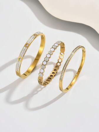 3pcs/1pc Fashion 18K Gold Plated Stainless Steel Four-Leaf Clover Nail Bracelet, Suitable For Women's Party, Daily Wear, European And American Style, Personalized, Generous, Luxury Cubic Zirconia Wristband, Wedding Jewelry Set