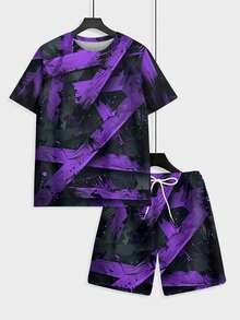One Pcs Men's Purple-Tone Abstract Texture Short-Sleeve & Beach Pants Set, Pocket Drawstring Design, Loose Fit, Light Casual For Multi-Scenes - 彩色 - 查看 6
