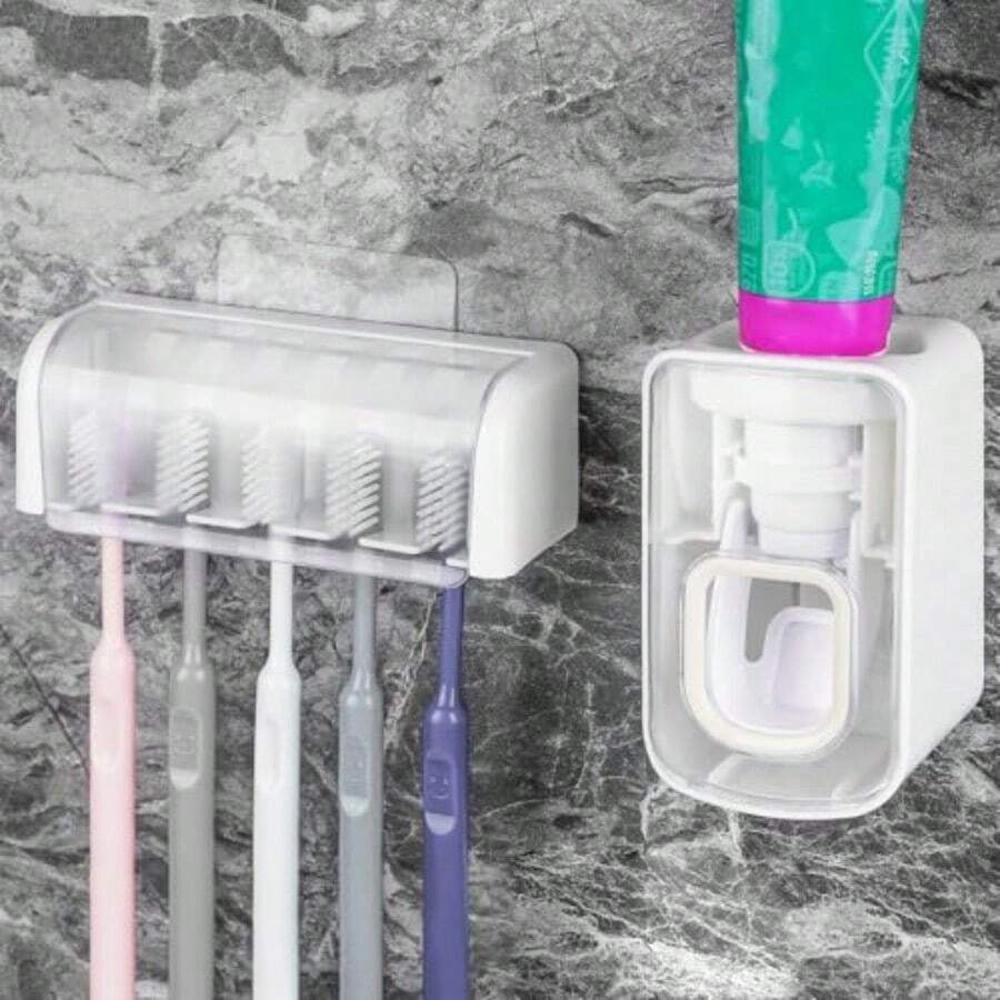 5 Slots Wall Mount Toothbrush Holder With Cover Self Adhesive Toothbrush Storage Organizer For Shower Toothbrush Hanger With Automatic Toothpaste Squeezer Dispenser - 白色組合 - 查看 1