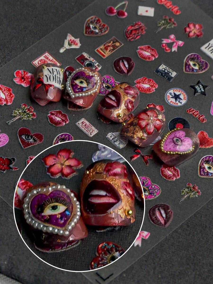 A Retro Romantic Nail Sticker With Relief Texture And A Red Devil's Eye Theme, Featuring Elements Such As Roses, Hearts, Devil's Eyes, And Red Lips, Suitable For Personal DIY And Creating Retro Romantic And Sweet Cool Nail Art Nails Nail Supplies Nail Stickers - Multicolor - View 1